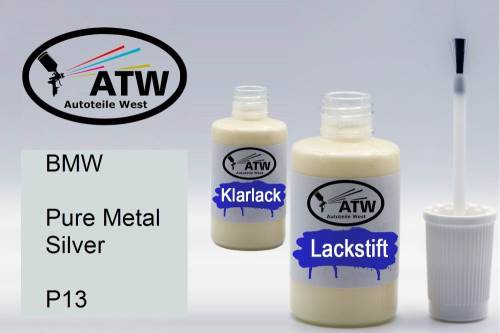 BMW, Pure Metal Silver, P13: 20ml Lackstift + 20ml Klarlack - Set, von ATW Autoteile West.